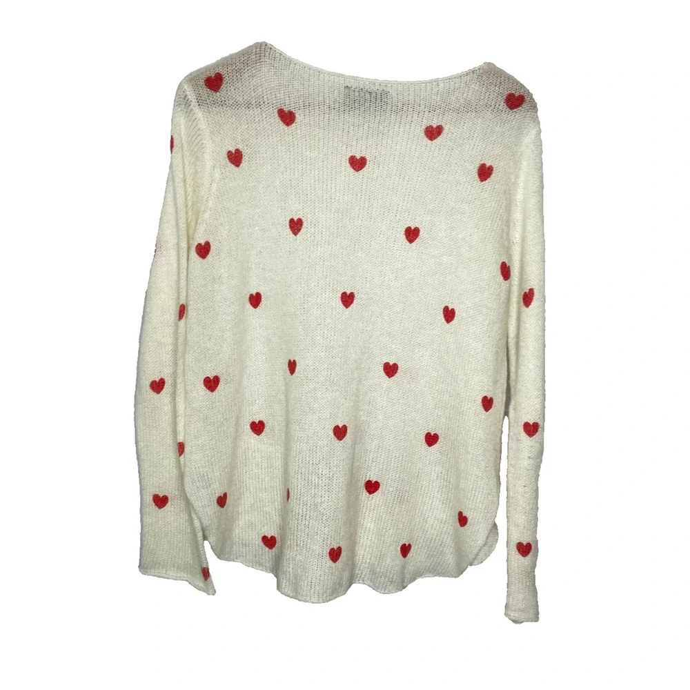Women's Small Wooden Ships White Heart Print Scoop Neck Sweater Pullover